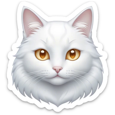 Cinematic Noble White Cat Portrait Emoji, Poised and stately, with a pristine, snow-white fur accented by delicate hints of silver, refined whiskers and a serene, focused gaze, simplified yet impeccably detailed, glowing with an ethereal radiance and timeless elegance, high shine, exuding calm intelligence and regal simplicity, soft glowing outline, capturing the essence of a noble white cat that radiates quiet majesty! sticker