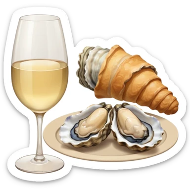 French cuisine humanless avatar in clean emoji-style illustration. 1 Croissant, oysters and wine glass, soft beige tones, simple shapes, flat design, refined and cozy. sticker