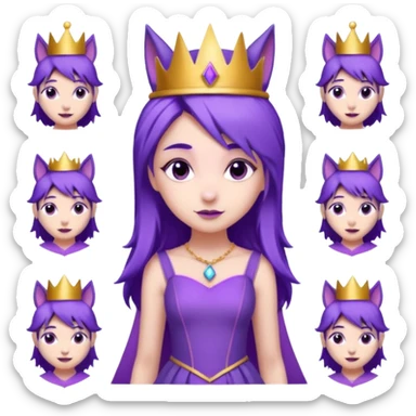  a cute princess wearing a purple dress and crown with purple hair and purple wolf ears and purple wolf tail character. Each square shows the character doing different actions against a white background And make a gap between each illusion sticker