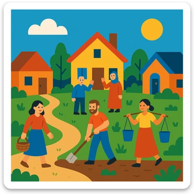 flat toon style village life with simple shapes, bright colors, villagers, and houses sticker