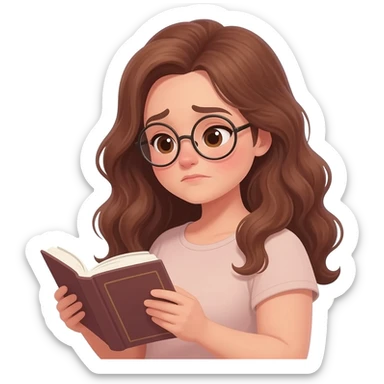 detailed emoji illustration of a curvy woman with long chestnut brown wavy hair, light brown eyes and round glasses reading a book with an emotional expression, touched by the story, emoji style sticker