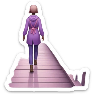 A small figure walks back across a foggy bridge, holding soft pink and purple orbs in each hand—symbolizing compassion and forgiveness. A gentle heart aura trails behind them, showing healing in motion. sticker
