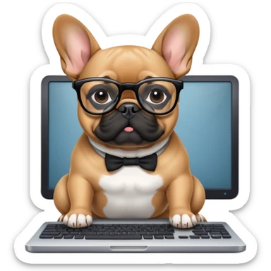 Fawn Frenchie with black muzzle working behind computer sticker