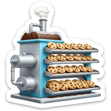 Cartoon-style cookie factory with visible conveyor belt carrying chocolate chip cookies, steam vents, cheerful colors, emoji-style sticker