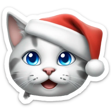 White and grey Cat with blue eyes wearing Santa hat making kissy face sticker