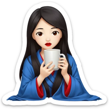 sexy asian japanese girl, red lips, long dark hair, feeling ill, sickness, nose is red due to sickness, head and body covered by blanket, holding tea mug in hands sticker