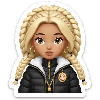 generate a pretty bratz girl with a WHITE puffer jacket, hoops, long braided hair black sticker
