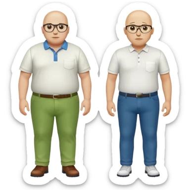 two guys, the first guy is white bald have glases a white dressshirt with rolled up sleeves and green pants he is over weight, The second guy has a yellow skin tone white golf shirt blue jeans and bald they should stand next to eachother sticker