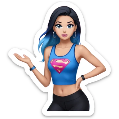 Tall-full body-long legs-huge female chest-very excited-model beautiful face-black leggins-light-pink-lips-very long-very-straight-dark-blue-ombre-hair-and-blue-eyes-thick-black-eyeliner-thick-long-eyelashes-sky blue-superman-lower cut tank top-silver-hoop-earrings sticker