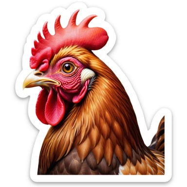 Cinematic Noble Brown Rooster Portrait Emoji, Poised and regal, with a robust, commanding build and a rich, well-groomed brown plumage, deep-set soulful warm eyes, Simplified yet sharp and sophisticated features, highly detailed, glowing with a soft, dignified glow, high shine, intelligent and proud, stylized with an air of rustic majesty, focused and attentive, soft glowing outline, capturing the essence of a watchful and confident leader, so majestic it feels as though it could crow out of the screen with effortless authority! sticker