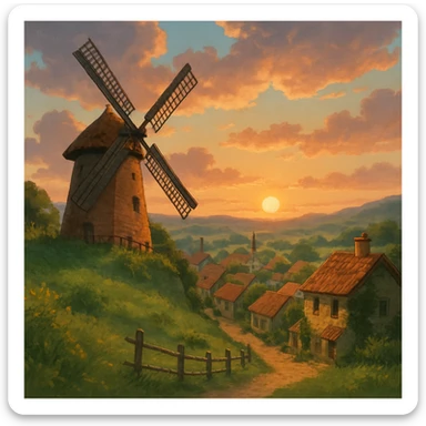 Windmill turning slowly in a quiet hill village at sunset. sticker