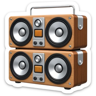 3D render of Speaker Stack, vintage 1980s audio equipment aesthetic, tactile analog buttons, silver metallic face with two large brown magnetic tape wheels, mixed wood grain and brushed aluminum textures, Apple emoji style, isolated on white background --v 6.0 sticker