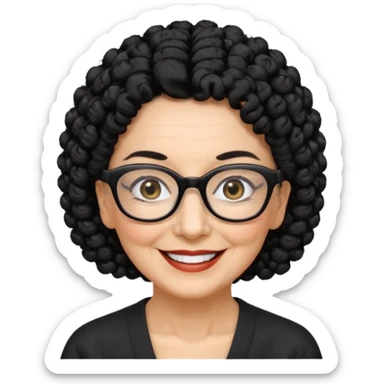 femme 70 ans cheveus noir bouclé attachés, lunettes rectangles noir yeux noir et sourrir sticker