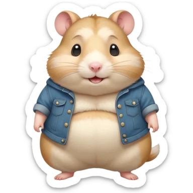 Cute chubby cartoon-style hamster wearing oversized pants that look too big, proud and smiling expression. Painterly shading, white background, sticker-style illustration sticker