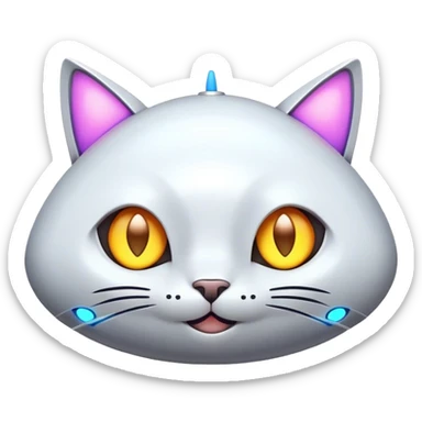 Design a simple, cute spaceship with a smooth, rounded shape. Add a 'cat-like face' on the front, with triangular shapes for ears, glowing lights for eyes, and a small curved line for a smile. Give it a playful and friendly personality. Use a plain background. sticker