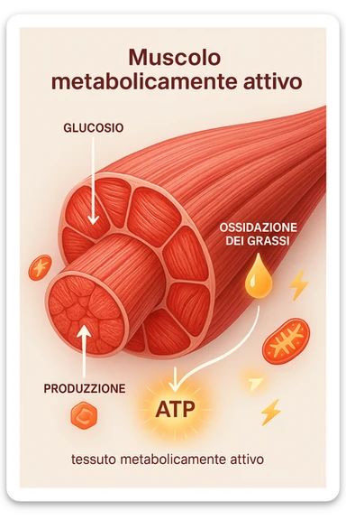a highly detailed cross-section of human skeletal muscle fibers, shown in vibrant red and pink tones, with visible striations and realistic texture. Glowing arrows and animated icons represent active metabolic processes—such as glucose uptake, fat oxidation, and ATP production—occurring within the muscle tissue. Surrounding the muscle, floating symbols for mitochondria and energy highlight its metabolic activity. The background is clean and clinical, with subtle labels and infographics explaining that muscle is a metabolically active tissue. The overall style is modern, scientific, and visually engaging, suitable for educational or medical use. in italiano sticker