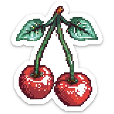 Pixel art of two shiny red cherries with green stem sticker