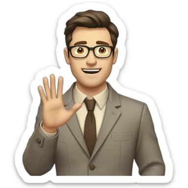 To belt Actively gesturing with hands Okay Pale skinned fit man with dark brown hair in gray jacket, beige office shirt, brown tie, brown pants and vintage glasses. sticker