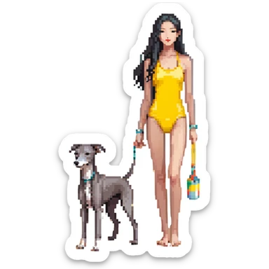 Slim Chinese woman with long black hair in appropriate beach attire at the beach with her completely solid grey Italian greyhound, ocean and sand visible, the dog has absolutely no white markings anywhere sticker