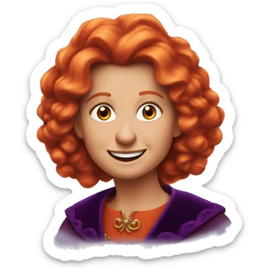 “Apple emoji of Winifred Sanderson: round face, crooked smile with a single front tooth, fiery heart-shaped red-orange hair, thick arched eyebrows, and a hint of a dark purple cloak.” sticker