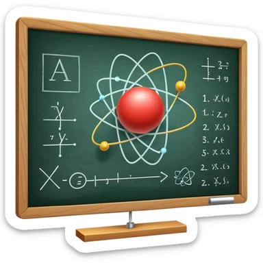 An icon featuring an atom model, a chalkboard with formulas, and a magnet with field lines, symbolizing physics. The design includes a pendulum, light waves, and circuit elements, representing the study of matter, energy, and forces. Transparent background highlights scientific sticker