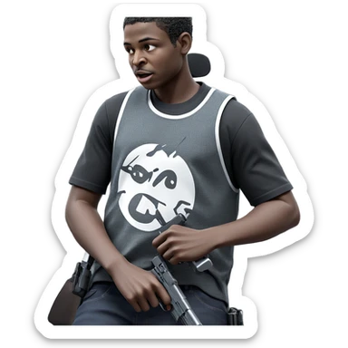 dark-skinned boy with gun sticker