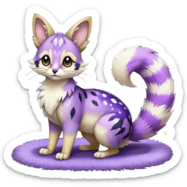 Hyper realistic  midnight-violet velvet fur soaked in starlight glitter and shadow gradients beautiful elegant pretty precious cute  Fakémon-Pokémon-opossum-feline-serval-caracal-chinchilla-Furret-Minccino-hybrid-creature with a big fluffy bushy tail (full body) sticker
