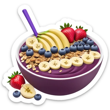 A vibrant açaí bowl with a deep purple smoothie base, topped with neatly arranged banana slices, fresh strawberries, blueberries, granola, and coconut flakes. The bowl is modern and minimal, with clean lines and a balanced composition. Flat, digital illustration, cartoon style, icon, white background, iOS emoji aesthetic. sticker