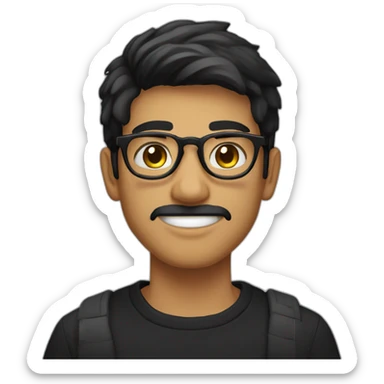 a light skin Pakistani teenager, wearing round glasses, short moustache, black straight hair, black jumper/sweater, structured manly face sticker