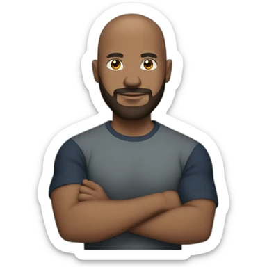 Man with buzzcut and some beard, arms crossed with a club tshirt sticker