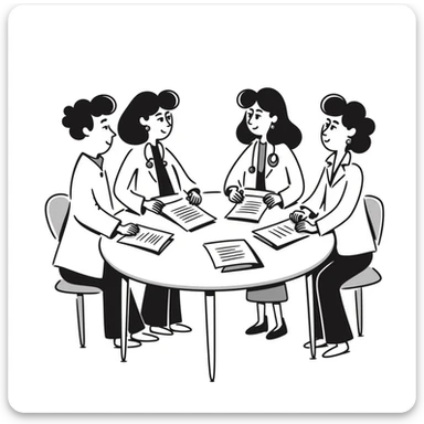 Hand-drawn meeting of emergency medical fund committee with doctors, nurses and financial documents sticker