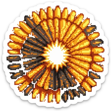 Bomberman explosion center tile, bright fiery explosion core with yellows and oranges radiating from center, 90% of tile with subtle glow effect, clean pixel art edges, slight transparency at edges sticker