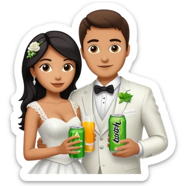 mexican wife in white wedding dress and white husband in wedding suit holding monster energy drink sticker