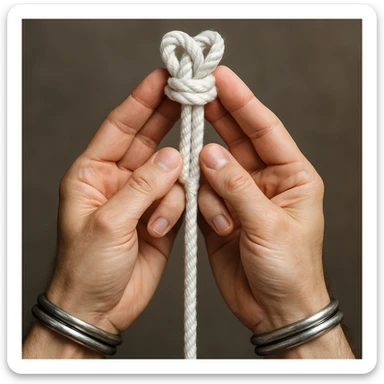 Make the hands and rope more realistic, with the white rope coming down between the hands, in a detailed style. Please note the original style is not specified, so use a general detailed style for realism. sticker