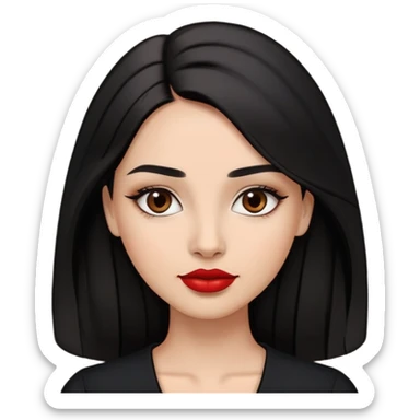 Confident young woman with oval face, elegant features, dark brown eyes, arched eyebrows, red lipstick, light brown skin, long black hair, wearing a black top sticker