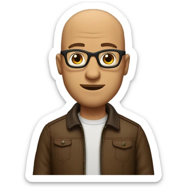 bald man with glasses and hair only on his sides of thehad with a brown leathr jacket sticker