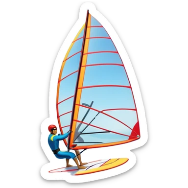 A windsurfer gliding across the ocean, with a vibrant sail catching the wind. The scene captures the motion of the board riding the ocean waves, surrounded by the bright blue sky and ocean, symbolizing the excitement and skill required in the sport of windsurfing. sticker
