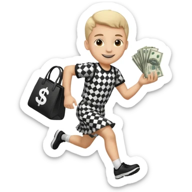 Robber running with Money bag black and white check dress boy sticker