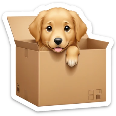  A very cute young Golden Retriever  with one's head tilted to one side poked its paws out of the cardboard big box and placed them on top of it sticker