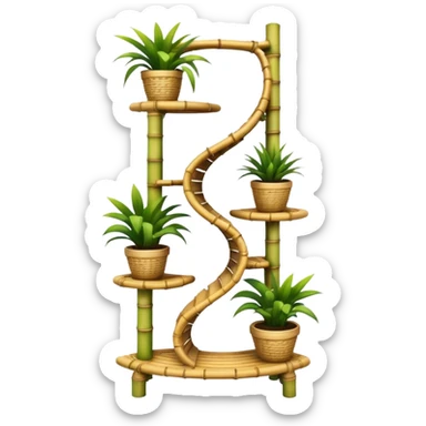 Large futuristic multi-tier multi-level curved spiral step plant rack constructed from split bamboo poles  sticker