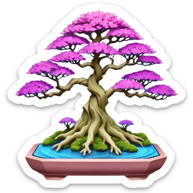 Futuristic wild glowing et alien moss maples Bonsai hair-fine-leaf group crimson crystal boxwood purple and cream pink blue informal rocky cliffhanger eight trees forest planting in shallow origami slab style pot with big feet  sticker