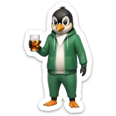 full body friendly anthropomorphised penguin wearing green mafia-style tracksuit, angry intense brooding posture, holding glass of whiskey sticker