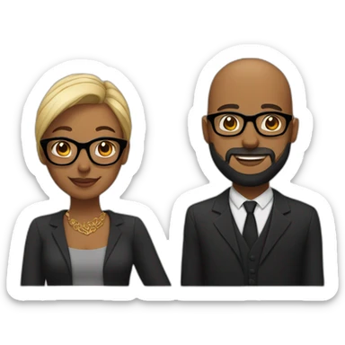 A black couple holding hands, bald man with beard and black glasses sticker