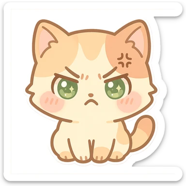 kawaii chibi-style cat emoji with pastel orange and brown cream fur, anime-style angry expression, sparkly green eyes, blushing cheeks, pastel color palette, soft rounded design, vector art sticker