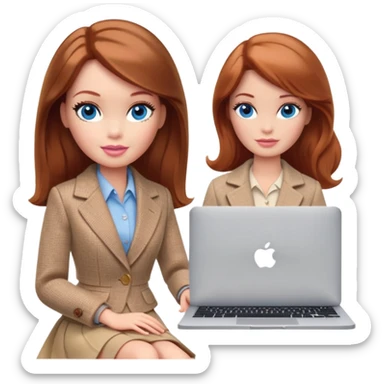 A Barbie girl with blue eyes, shoulder-length reddish-brown hair, made-up, wearing a beige tweed jacket and beige skirt, is sitting a with a MacBook sticker