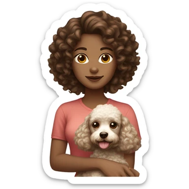 Girl with wavy curly brown hair pale to brown skin and brown eyes holding a small poodle sticker