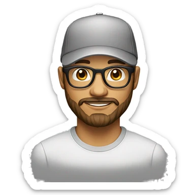 35 year old man with beard, round brown glasses, cap on backwardw sticker