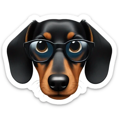 A black short-haired dachshund with a wacky look on his sunglasses sticker