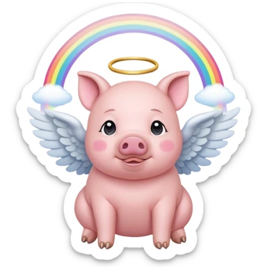 pig with angel wings, halo, and a gentle expression, pausing in the middle of a rainbow bridge sticker