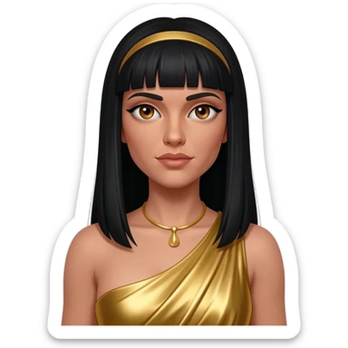 Cleopatra with hazel eyes, long black hair, gold metallic dress, gold necklace sticker